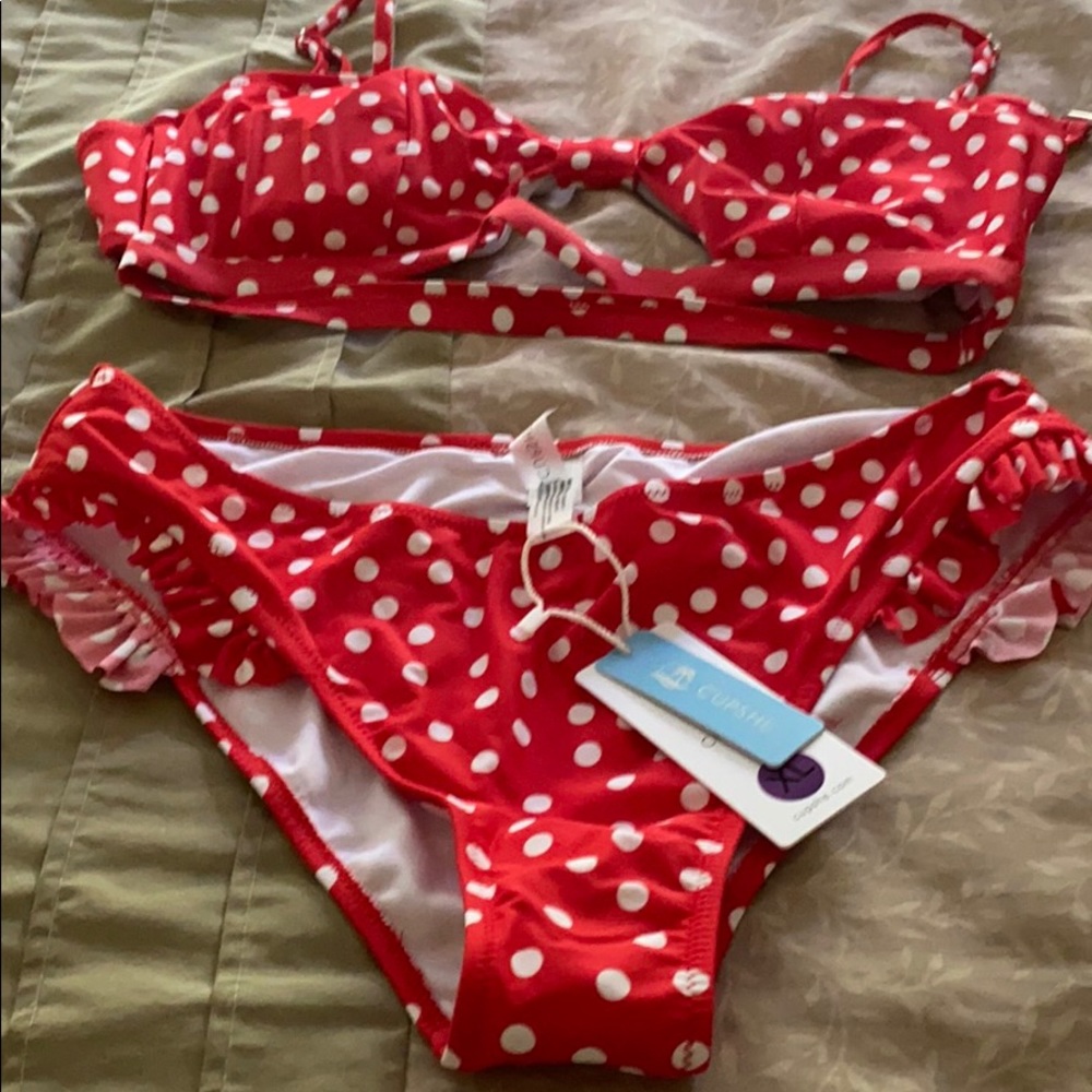 Two piece red polka dot bathing suit